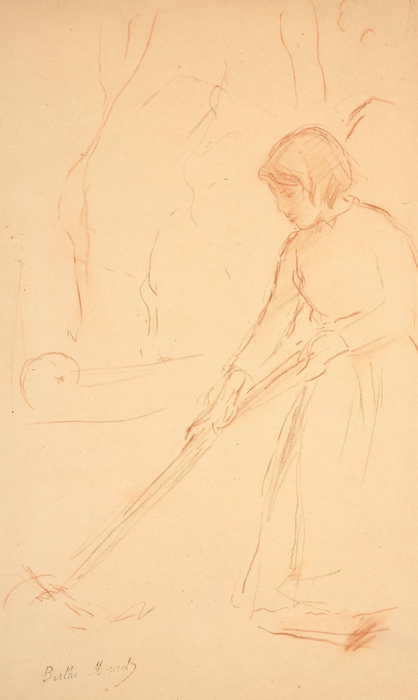 Berthe MORISOT: Berthe MORISOT La Faneuse - circa 1888-1892 Sanguine sur papier Cachet de la signature en bas à gauche "Berthe Morisot" (Lugt L.1826) Au verso Etude de personnage Crayon de couleur et aquarelle