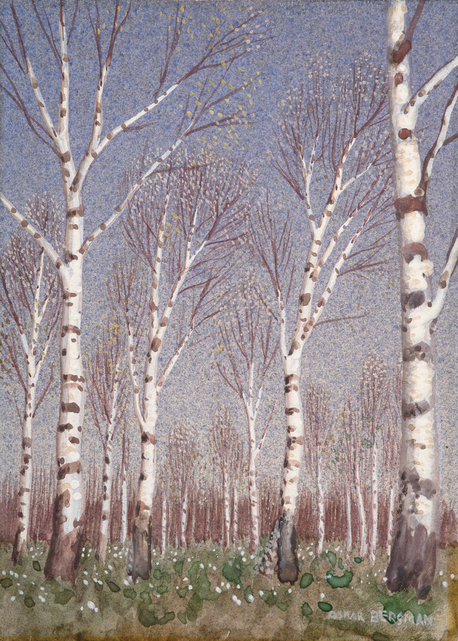 Oskar BERGMAN: Oskar BERGMAN Le bois de bouleaux Aquarelle sur carton Signé en bas à droite "OSKAR BERGMAN" 12.5 x 9 cm Provenance : Vente Stockholm, Stockholms Auktionsverk, 5 décembre 2024, n°