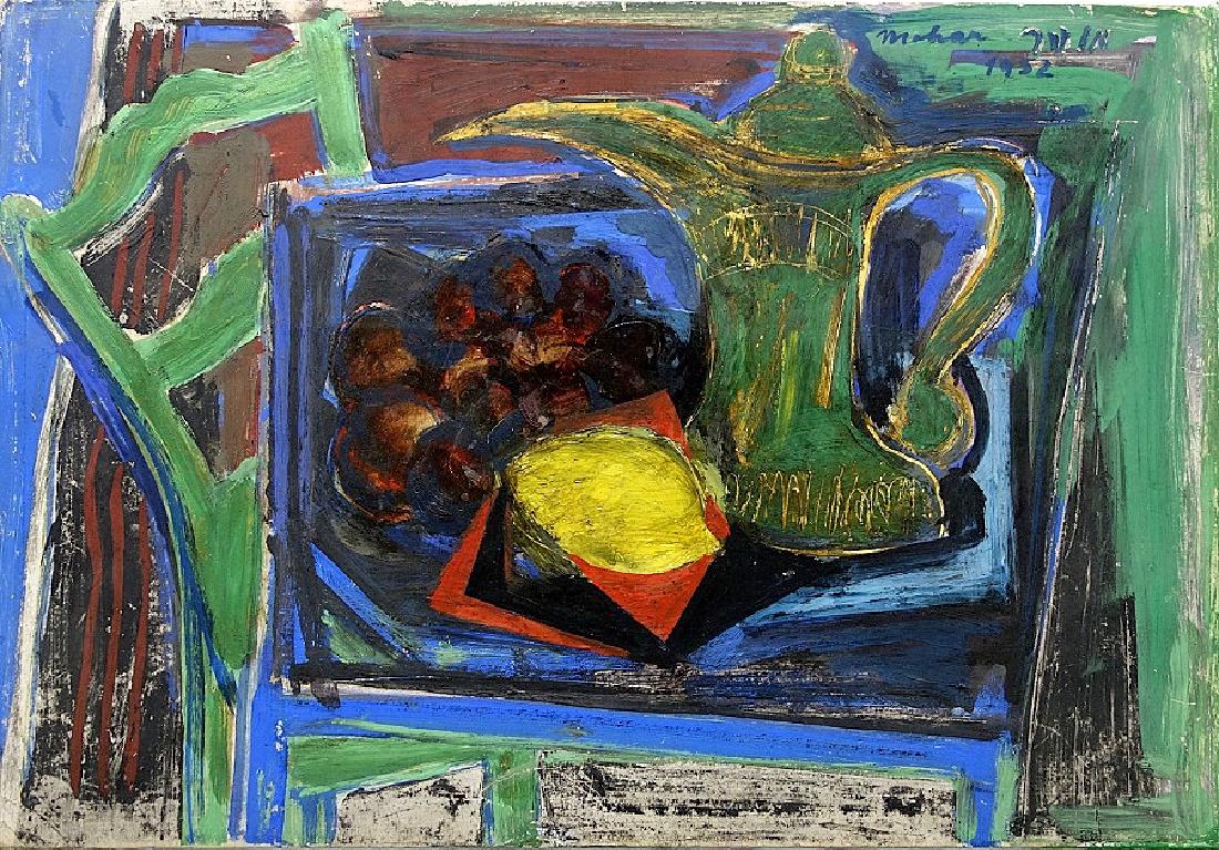 Raphael Mohar (Israeli, 1906-1962): Still Life with finjan and lemon, 1952, Mixed media on paper (mounted on canvas), 31 x 45 cm, Signed and dated "1952"