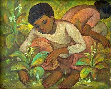 Roger San Miguel (Philippine, born 1940): Young workers in the field, Oil on canvas, 40 x 50 cm, Signed