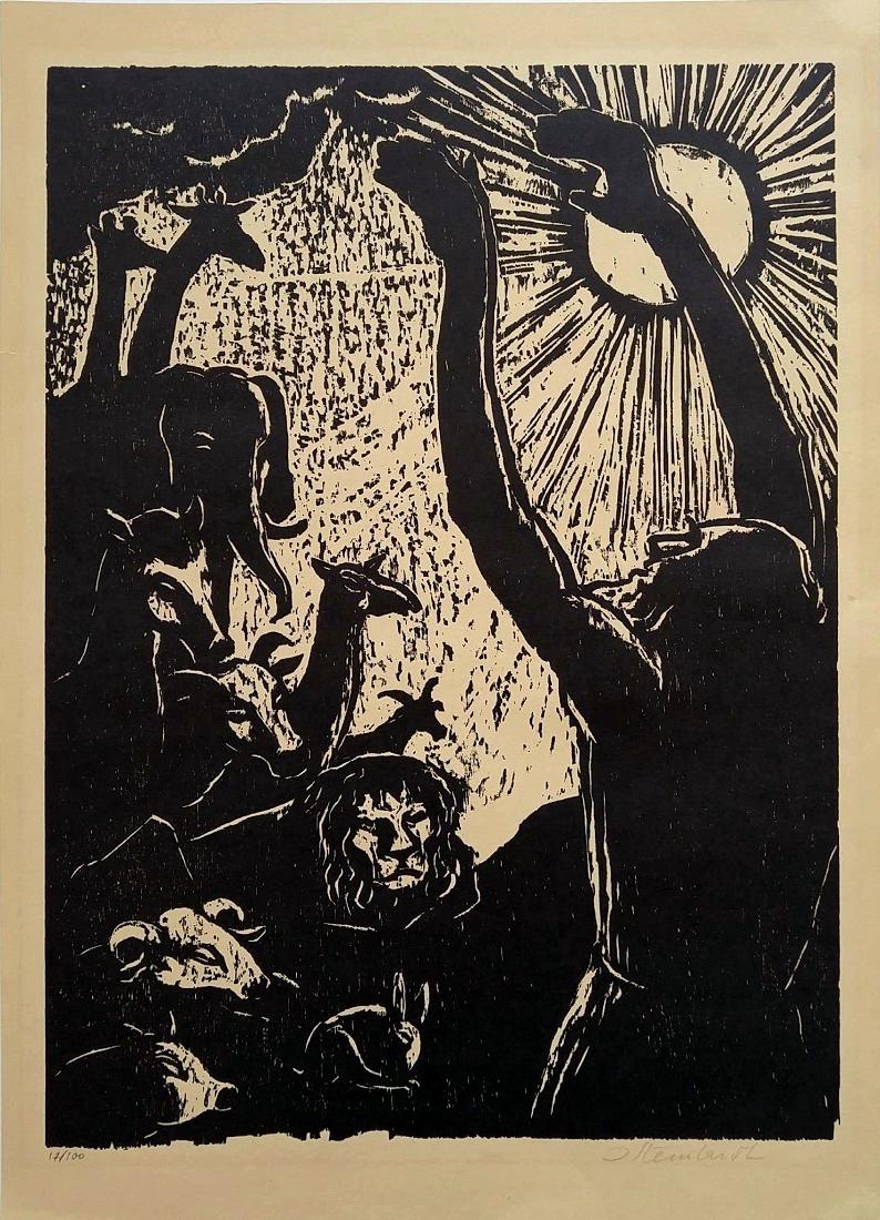 Jacob Steinhardt (Israeli - German, 1887–1968): Noah and the animals, Woodcut, 49 x 35 cm, Signed and numbered "17/100"