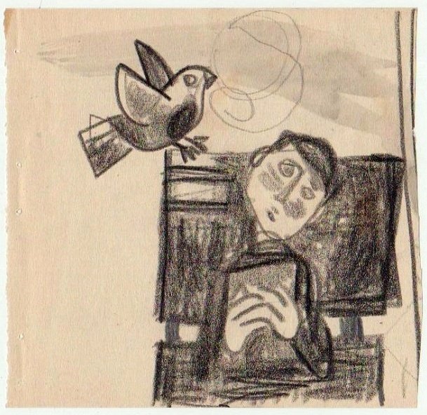 Leo Roth (Israeli, 1914-2002): Yeshiva student with a bird, Watercolor & graphite on paper, 11 x 11 cm, Unsigned (COA will be issued by Yair Art Gallery, Tel Aviv)