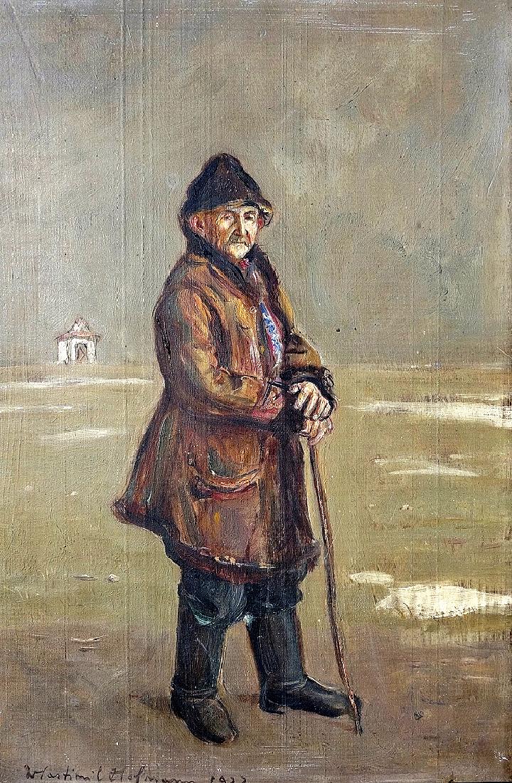 Wlastimil Hofman (Polish - Czech, 1881–1970): Man figure standing in the landscape, Oil on wood, 31 x 22 cm, Signed and dated