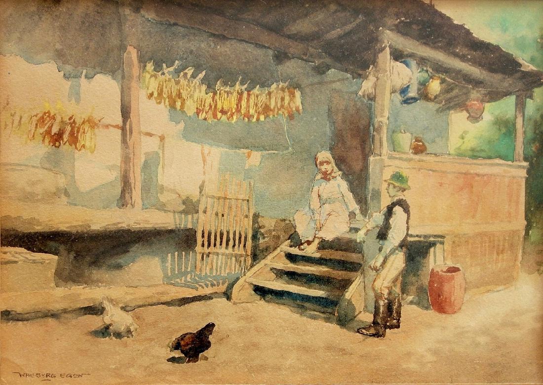 Egon Wallburg (ZORAD ERNO) (Hungarian, 1911-2004): Figures in the farm, Watercolor on paper, 23 x 33 cm, Signed