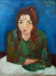 Ibrahim Hanna Ibrahim (Israeli - Palestinian,: Woman in green, 1961, Oil on canvas, 81 x 62 cm, Signed and dated.Hanna Ibrahim participated in the exhibition "The Birth of Now - 1960s in Israeli Art" at the Ashdod Museum of Art.