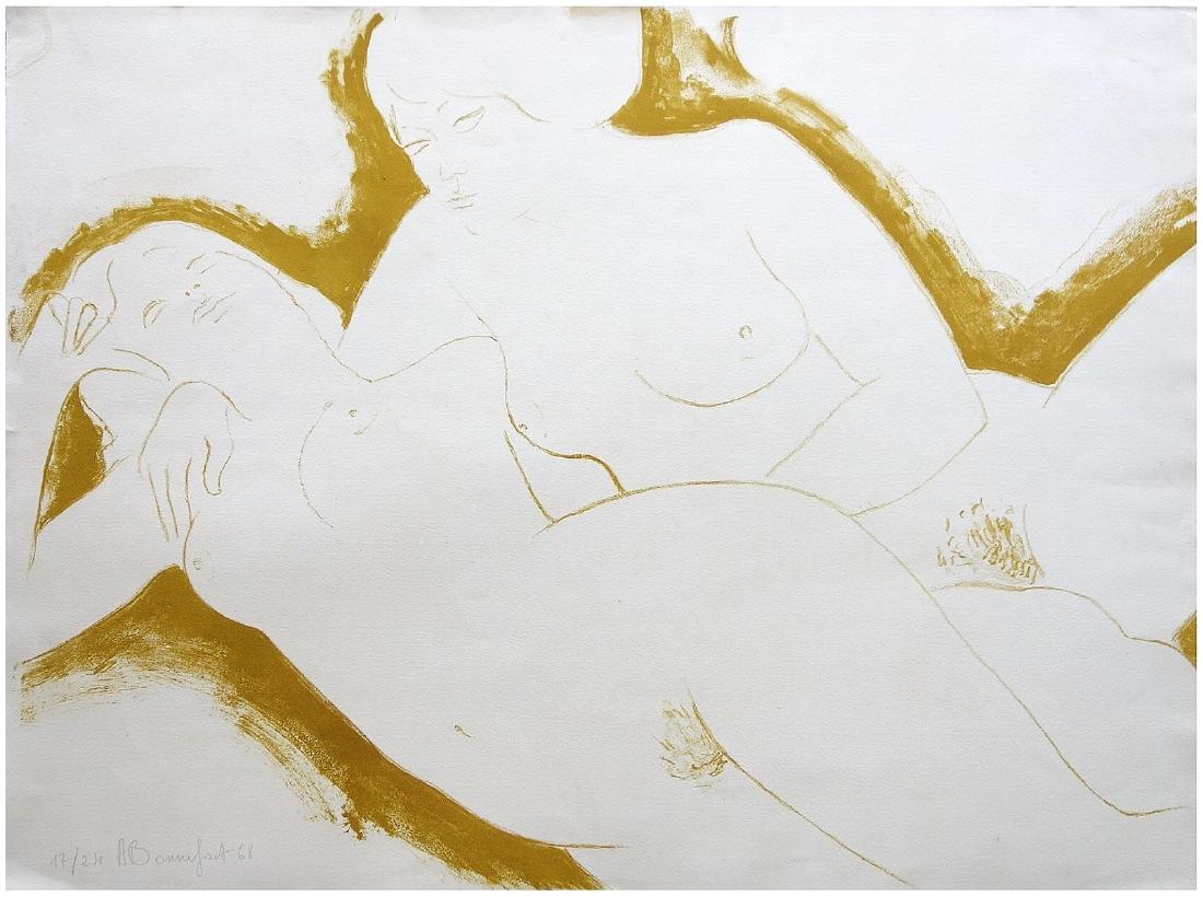 Alain Bonnefoit (French, born 1937): Reclining two nudes, 1968, Lithograph, 55 x 74 cm, Signed, dated and numbered "17/24"