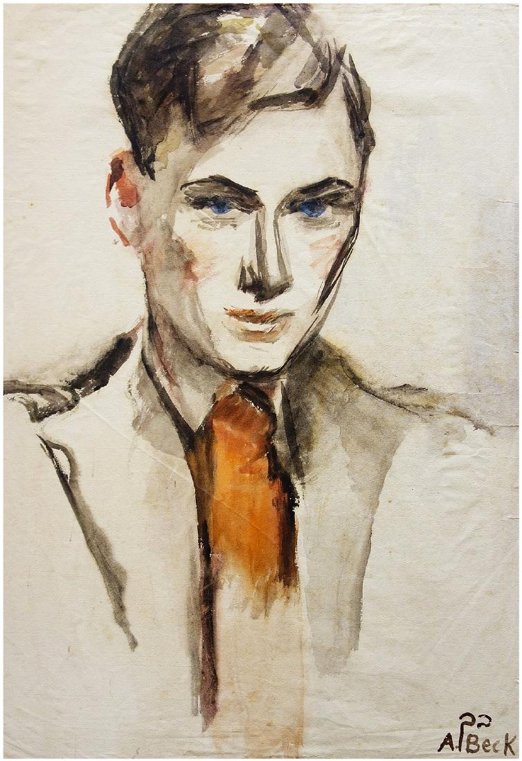 Alisa Beck (Elza Bak) (Israeli - German, 1884-1974): Portrait of a young man in a suit, Watercolor on paper (attached to cardboard), 60 x 40 cm, Signed