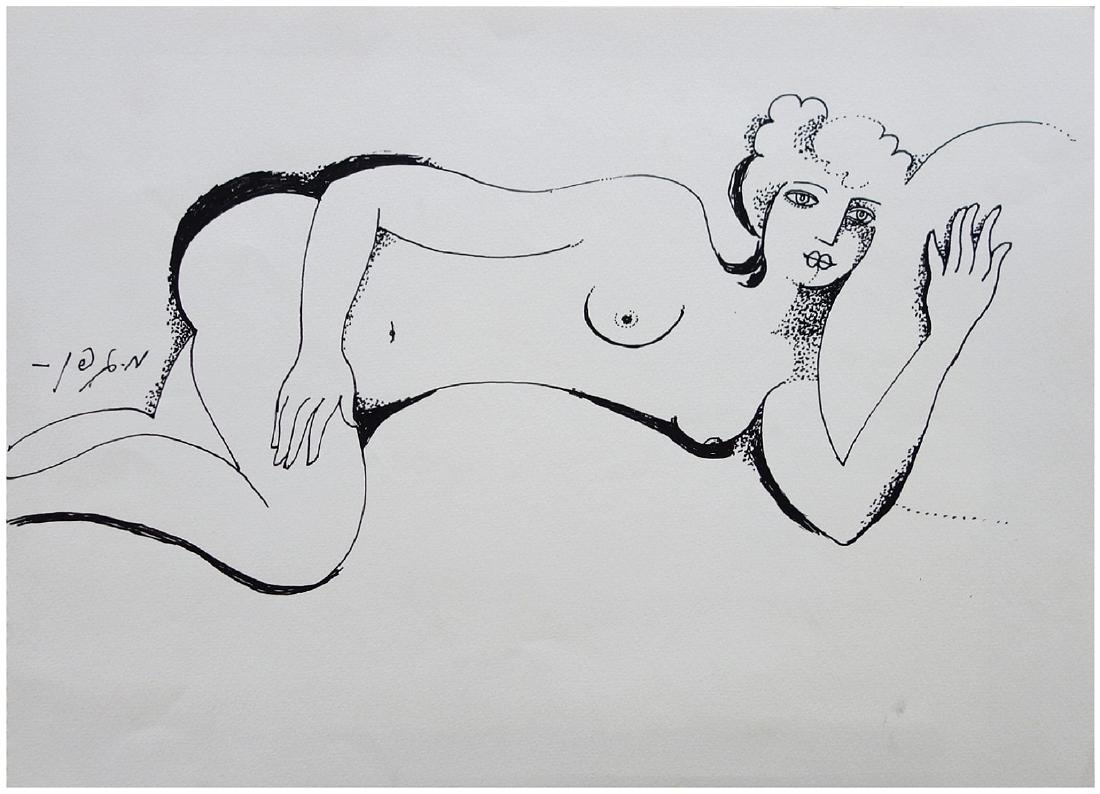 Menachem Gueffen (British - French - Israeli,: Nude young woman reclining, Ink on paper, 25 x 35 cm, Signed.Past Provenance: The collection of Dan Ben Amotz.