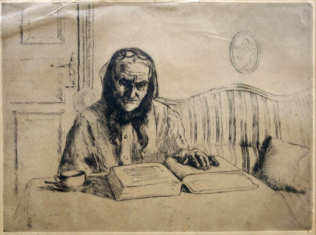 Hermann Struck (Israeli-German, 1876-1944): Grandmother, 1928, Etching, 22 x 28 cm, Hand-signed and numbered "92/100", dated in the plate.Documented in the catalogue "Hermann Struck Museum - The Museum's Collection of Etchings and Prints" - no.