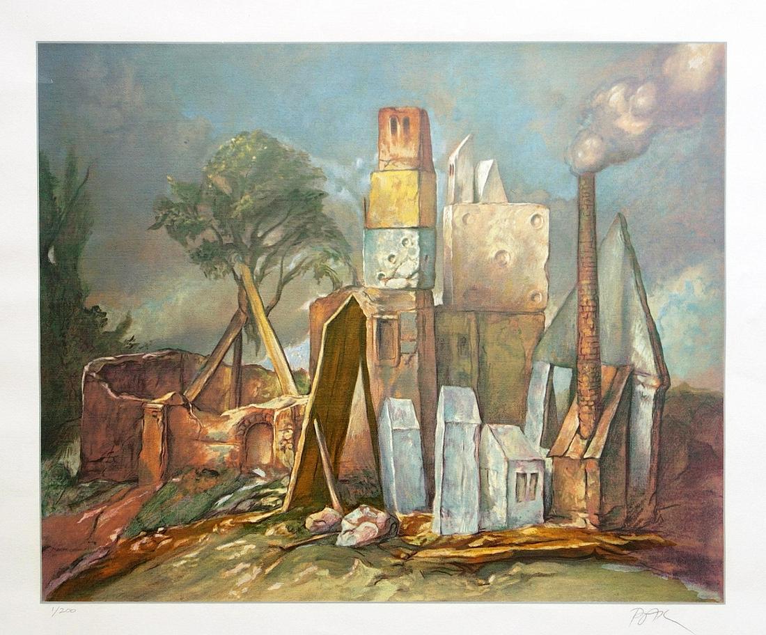 Samuel Bak (American - Israeli - Lithuanian, b. 1933): Houses, chimney, dry well and a tree, Lithograph, 66 x 75 cm, Hand-signed and numbered "1/200"