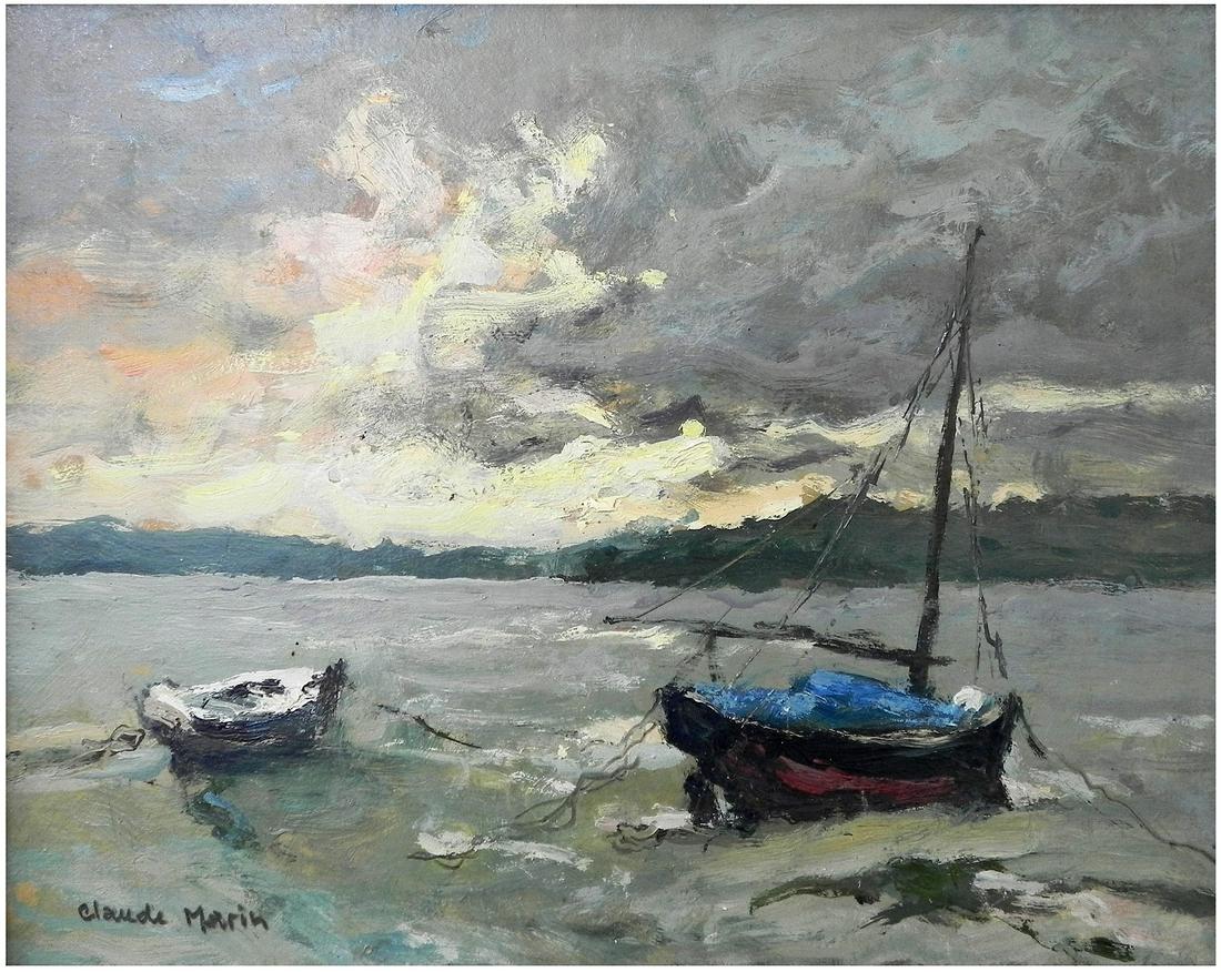 Claude Marin (French, 1914-2001): Boats on the lake, Oil on canvas, 20 x 24 cm, Signed