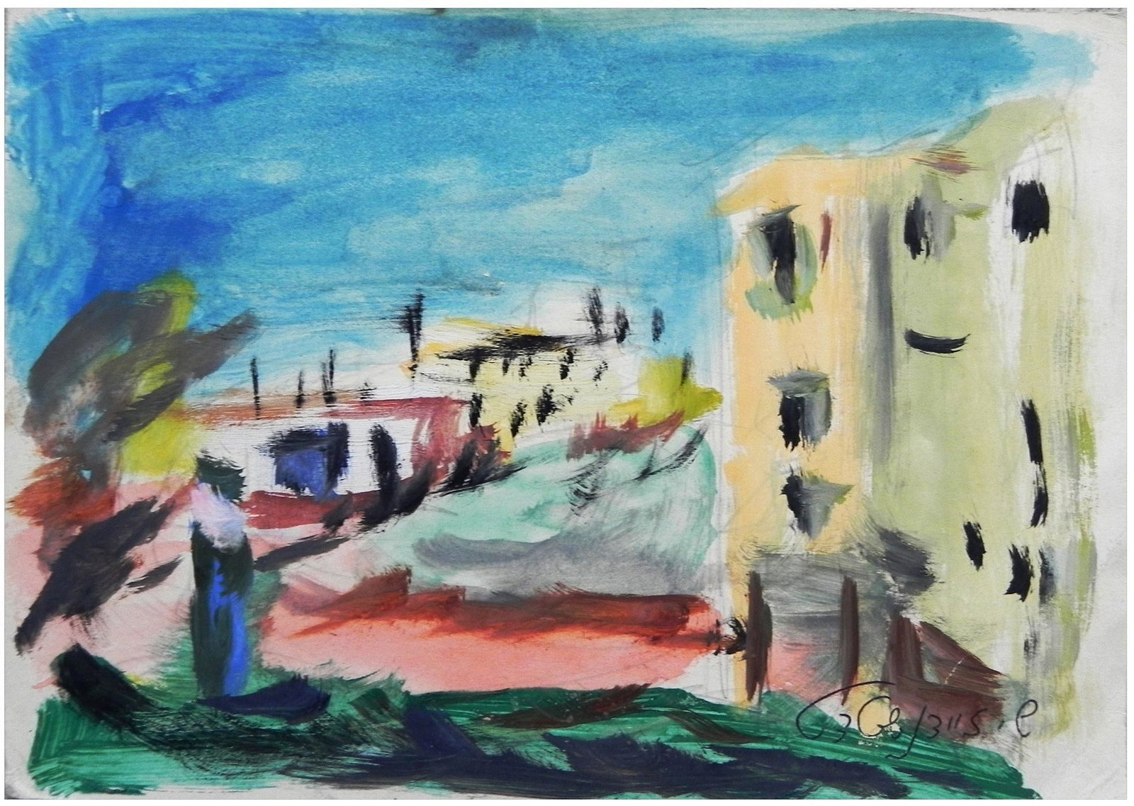 Samuel Zajdensztadt (Polish - Israeli, 1903-1990): View in Tel Aviv, Gouache on paper, 15 x 22 cm, Signed