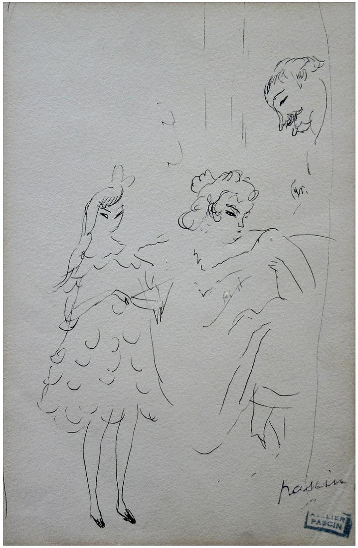 Jules Pascin (French - Bulgarian, 1885-1930): At the brothel, Pen on paper, 19 x 13 cm, Signed with the artist’s estate stamp