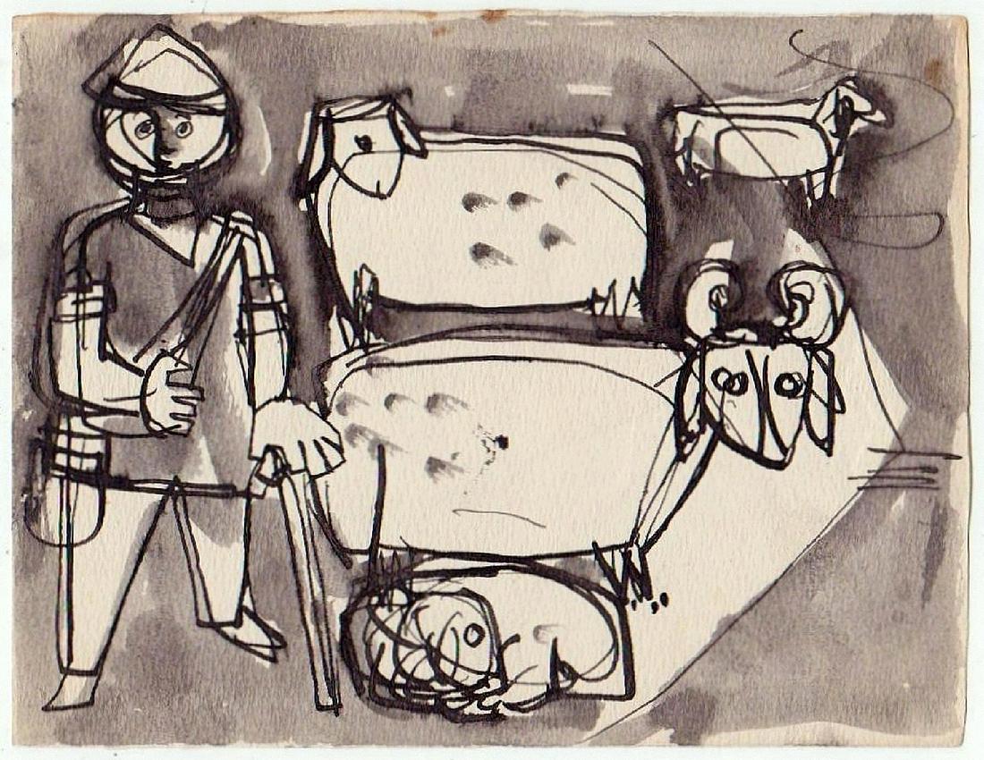 Leo Roth (Israeli, 1914-2002): A shepherd, Watercolor & ink on paper, 16 x 10 cm, Unsigned (COA will be issued by Yair Art Gallery, Tel Aviv)