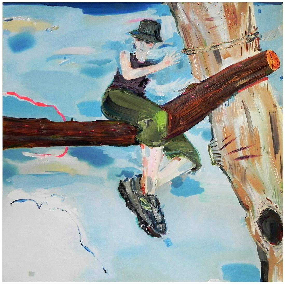Melanie Daniel (Canadian - American - Israeli, b. 1972): Girl sitting on a branch, 2007, Oil on canvas, 103 x 103 cm, Signed and dated on verso