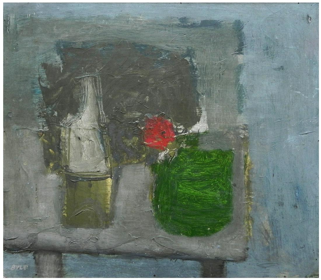 John Byle (Israeli - American, 1928-2015): Still life with a bottle and flower, Oil on wood, 33 x 37 cm, Signed