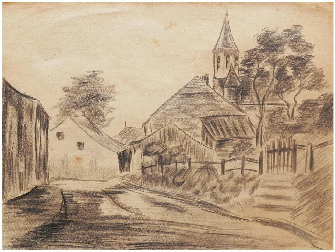 Georges Kars (Czech - French - German, 1882-1945): Church in the village landscape, Provence, 1920s, Graphite on paper, 23 x 31 cm, Signed and dated