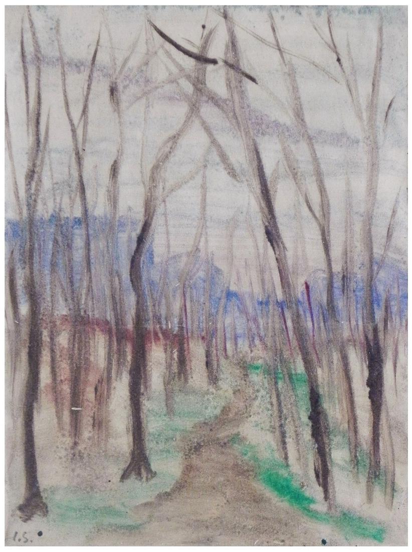 Isiu Scharf (Ukrainian / Romanian - Israeli, 1913-1997): Trees in a wintry landscape, Watercolor on paper, 17 x 13 cm, Signed
