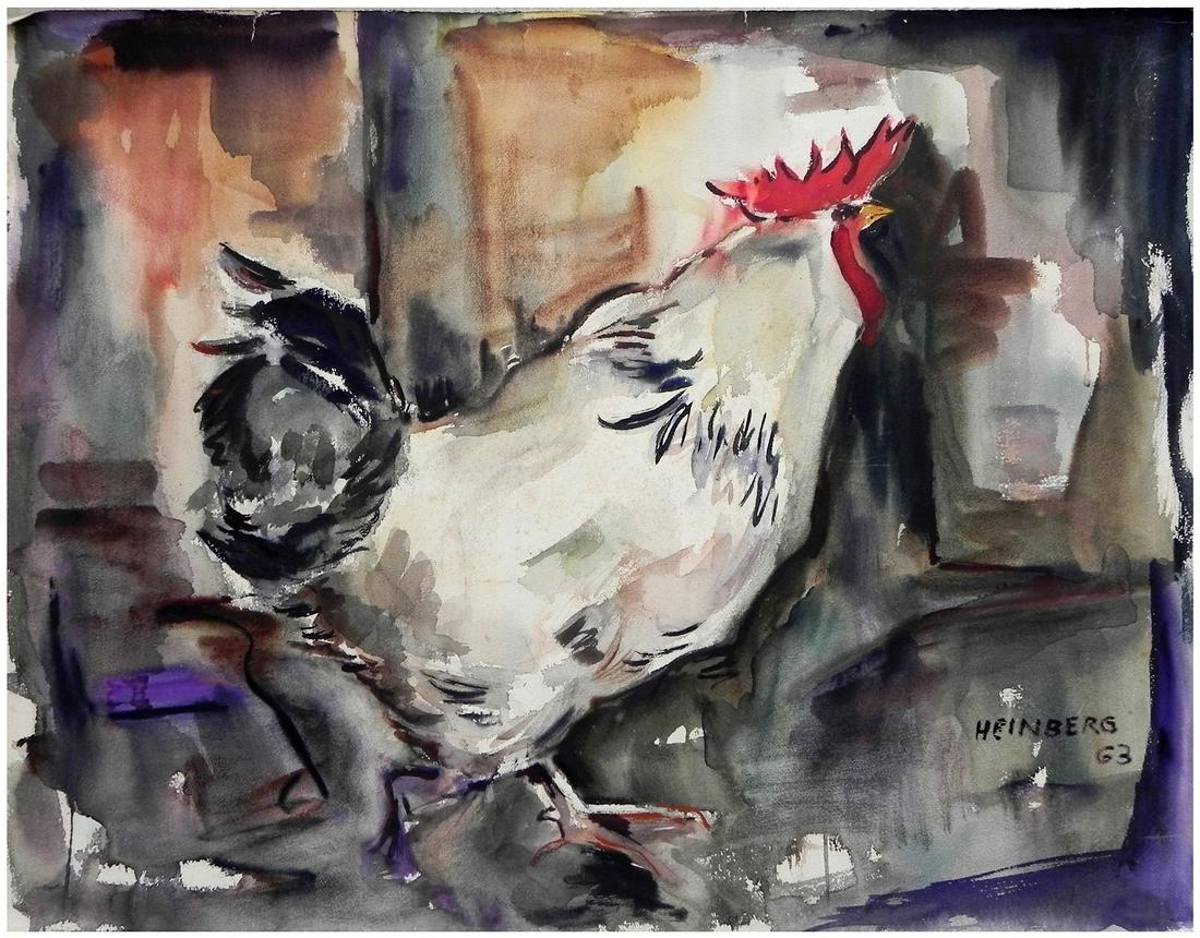 Kurt Heinberg (Israeli - German, 1920-1999): Rooster, 1963, Watercolor on paper, 50 x 64 cm, Signed and dated. Past Provenance: The collection of Gabriel Talphir (1901-1990, Israeli important and acclaimed art critic, publisher, editor, translat
