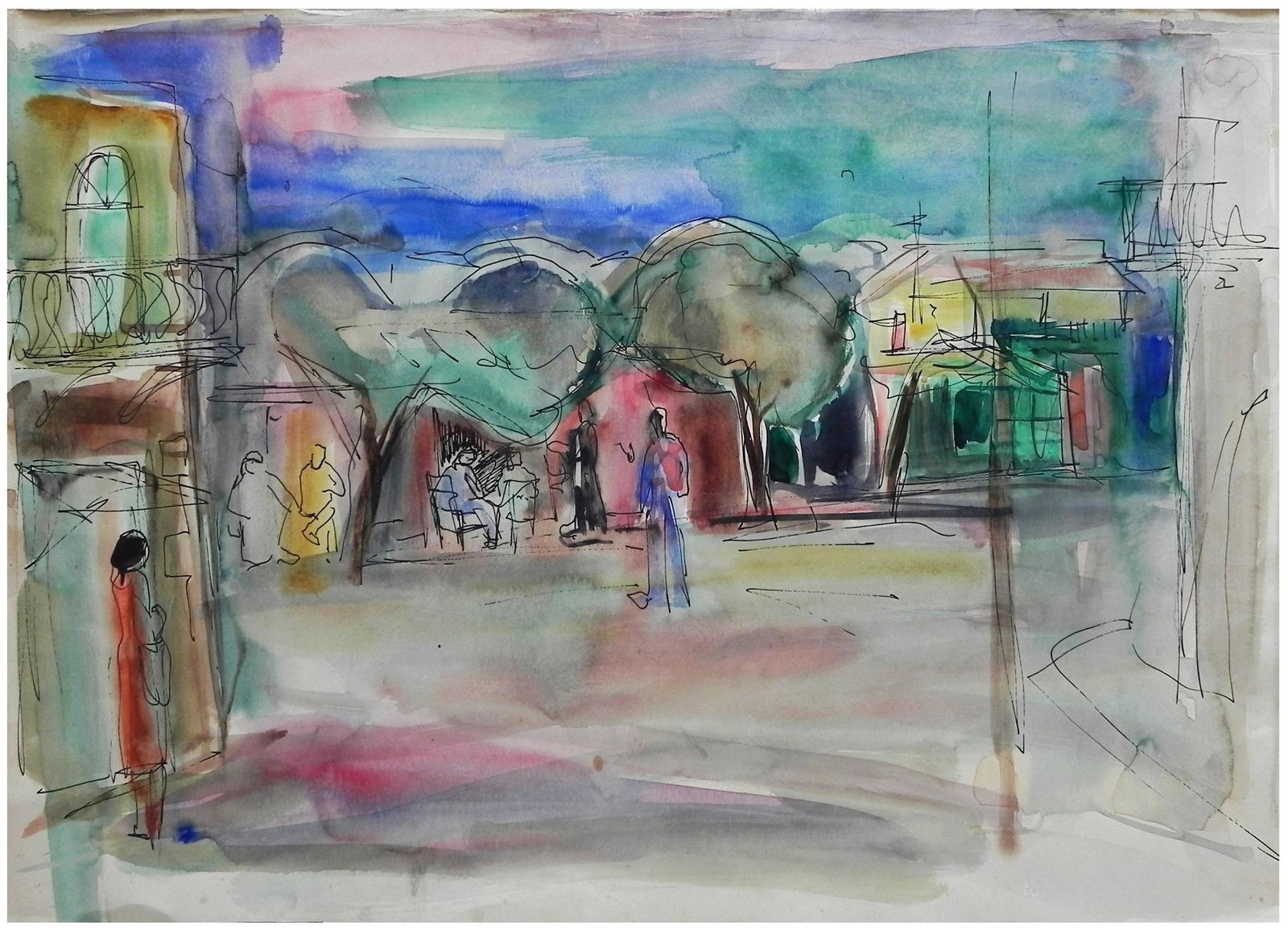 Raphael Mohar (Israeli, 1906-1962): Figures in downtown Haifa, 1940s, Watercolor and ink on paper, 50 x 70 cm, Unsigned (COA will be issued by Yair Art Gallery, Tel Aviv)