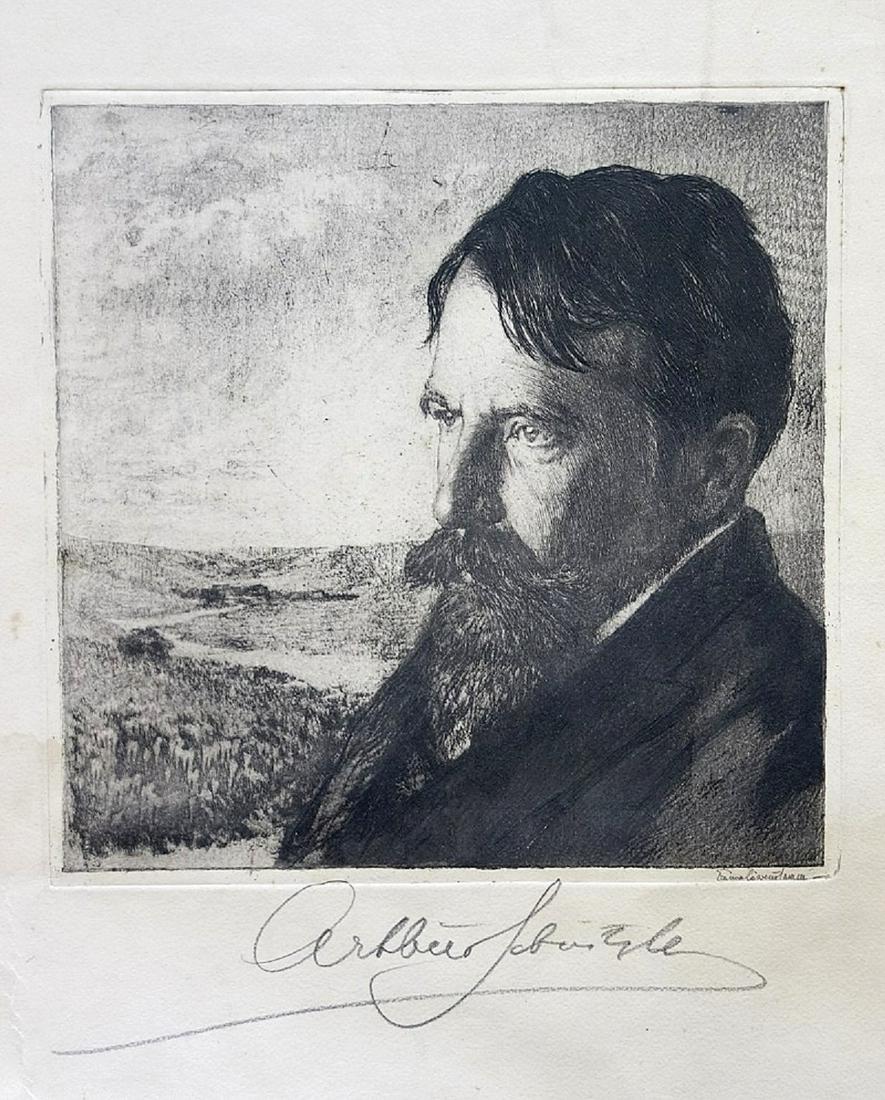 Emma Lowenstamm (Austrian - Czech, 1879-1941): Portrait of Arthur Schnitzler in the landscape (1862 -1931, an Austrian author and dramatist), ca. 1900, Etching, 22 x 22 / 40 x 32 cm, Hand-signed by the artist and by Arthur Schnitzler. The etching 