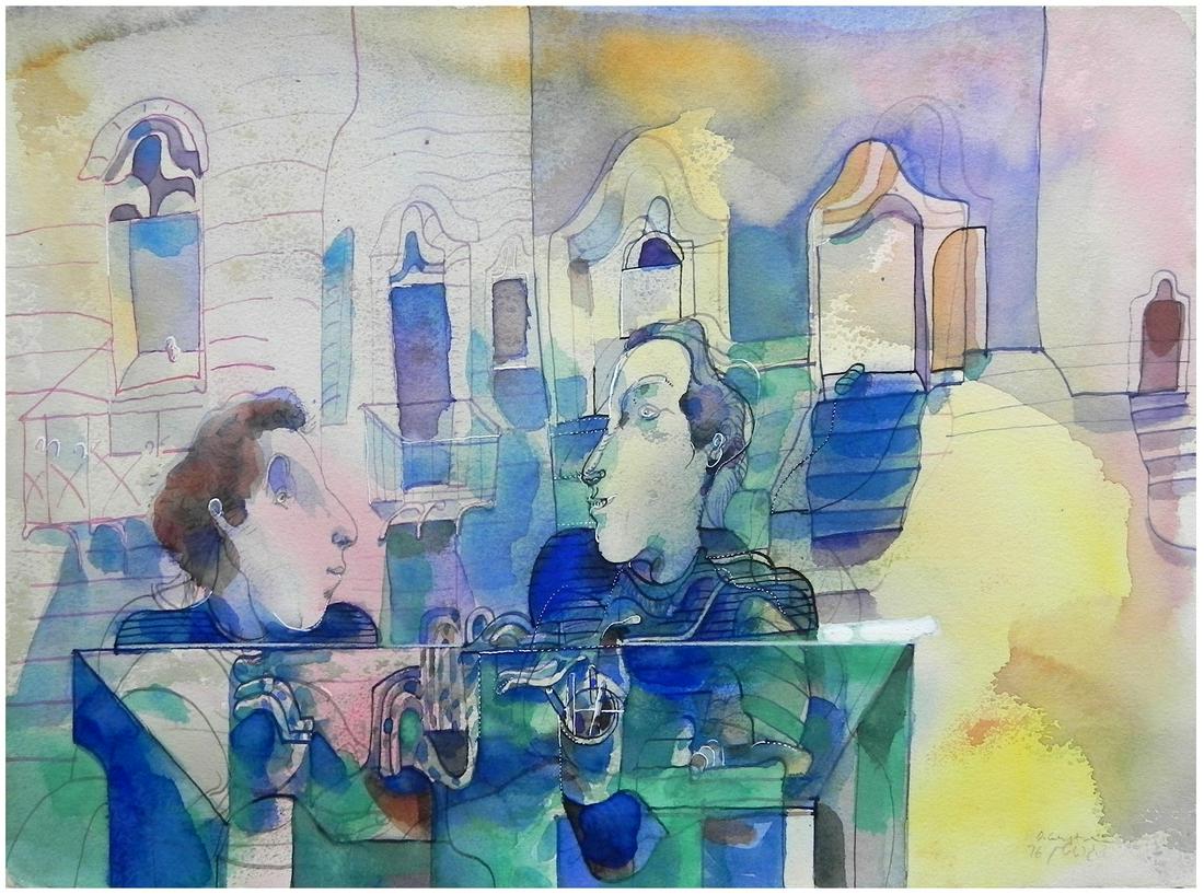 David Gerstein (Israeli, born 1944): A couple talking, Watercolor on paper, 28 x 38 cm, Signed