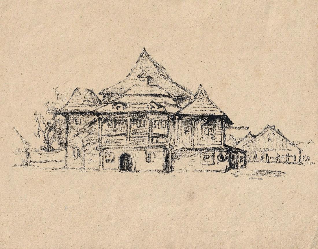 Hermann Struck (Israeli-German, 1876-1944): The wooden synagogue in Zabludow (Poland), Lithograph, 18 x 22 cm, Signed