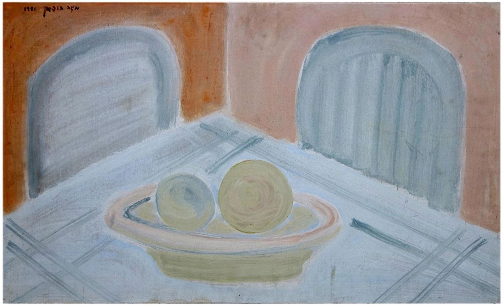 Moshe Hoffman (Israeli, 1938-1983): Still life with a fruit basket on a table, 1981, Gouache on wood, 58 x 96 cm, Signed and dated
