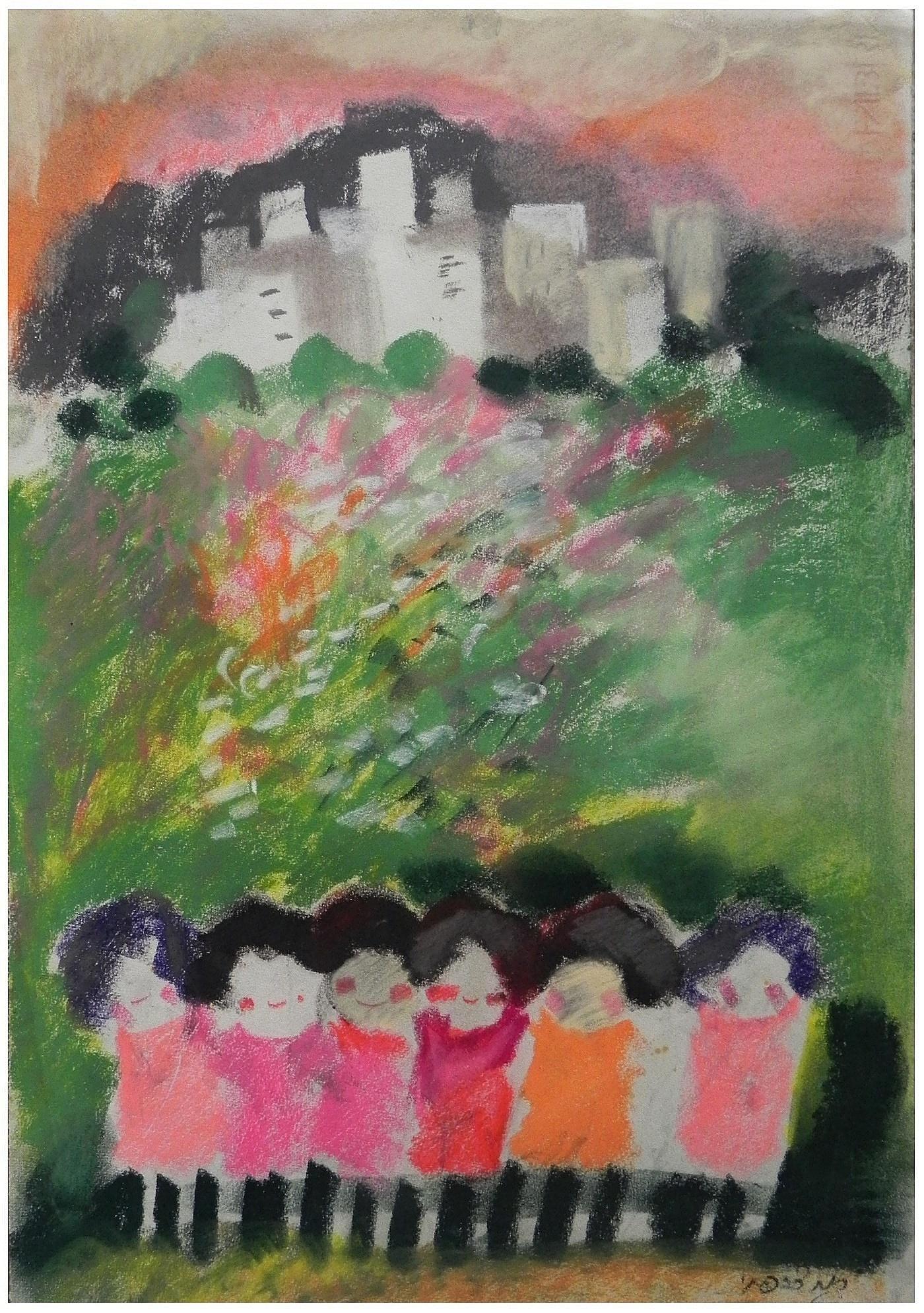 Ruth Zarfati (Sternschuss) (Israeli, 1928-2010): Girls in the park, Pastel on paper, 50 x 36 cm, Signed