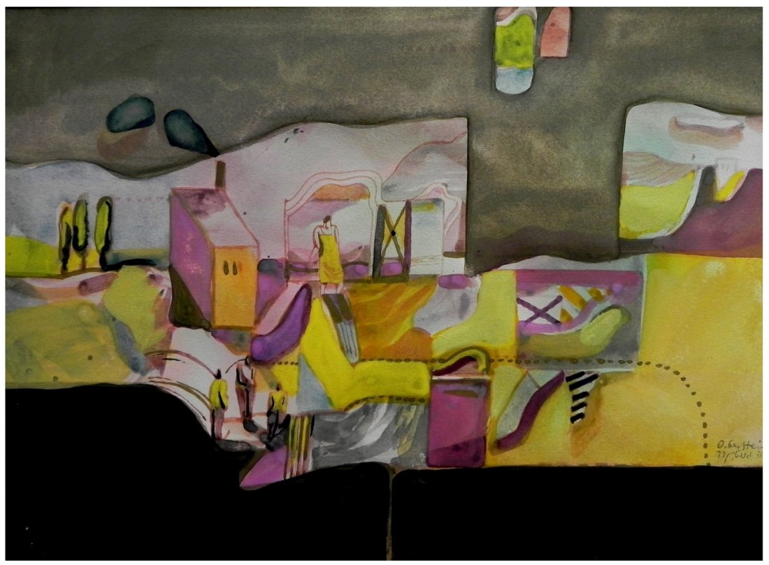 David Gerstein (Israeli, b. 1944): Figures in the landscape, 1977, Gouache on paper (matted), 27 x 37 cm, Signed and dated