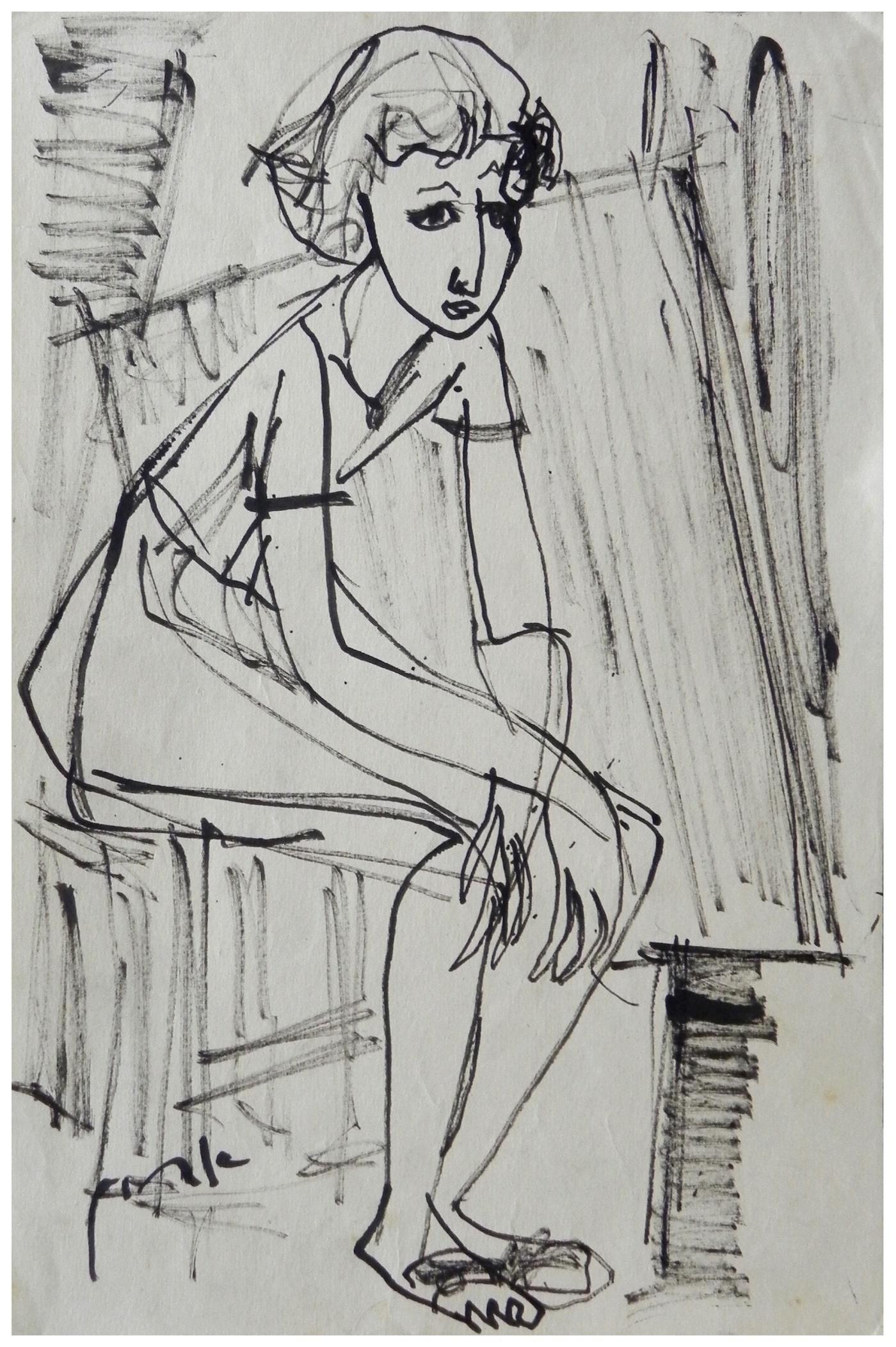 Ervin Neuhaus (Hungarian - French, 1928 - 2012): Girl sitting, Ink on paper, 28 x 18 cm, Signed