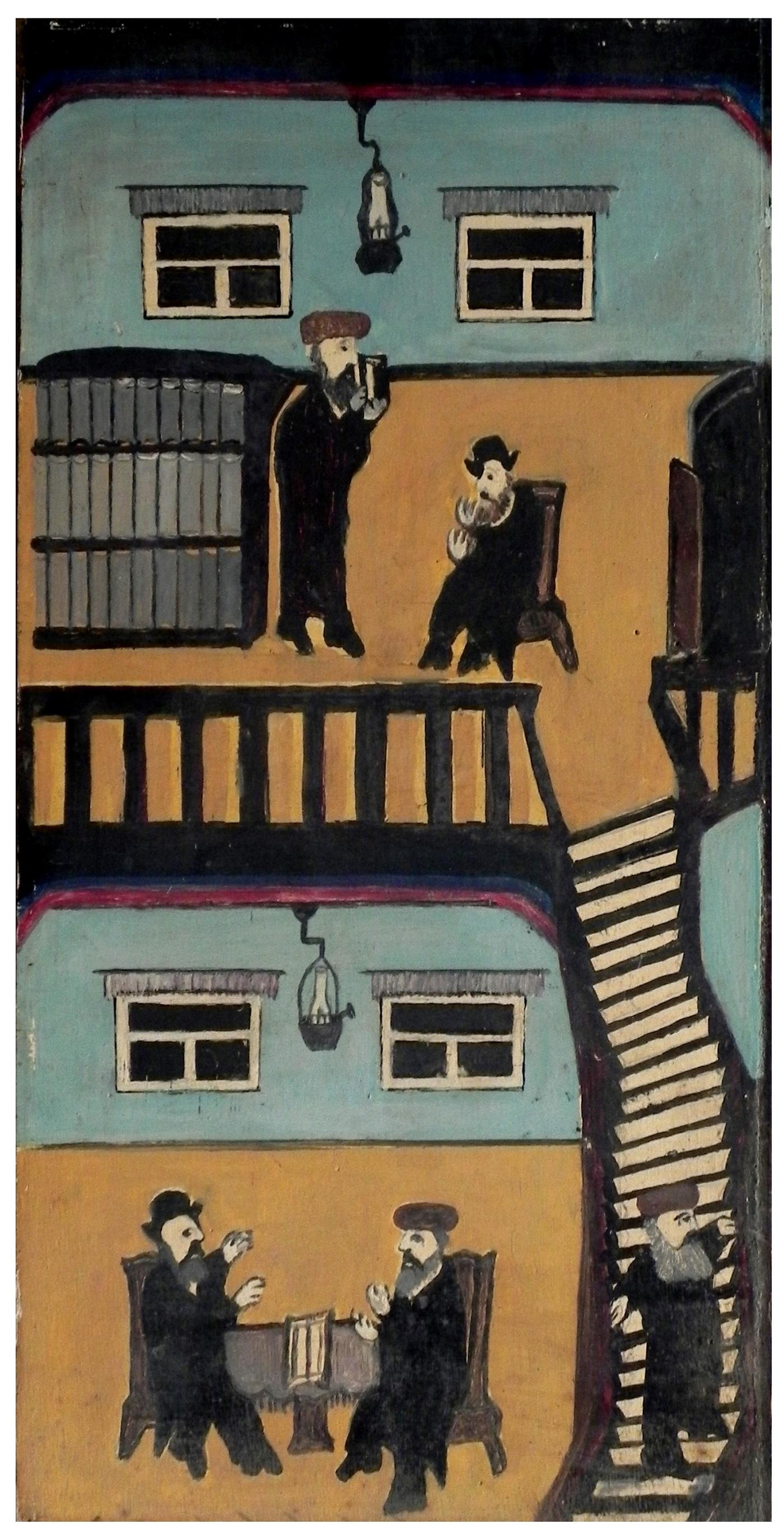 Natan Heber (Israeli - Polish, 1902-1975): In Beth Midrash (House of Learning), Oil on wood, 59 x 29 cm, Unsigned (COA will be issued by Yair Art Gallery, Tel Aviv)
