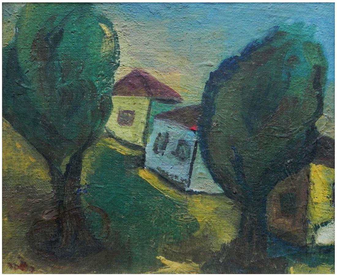 Raphael Mohar (Israeli, 1906-1962): Houses and cypresses in the village, Oil on wood, 28 x 33 cm, Signed