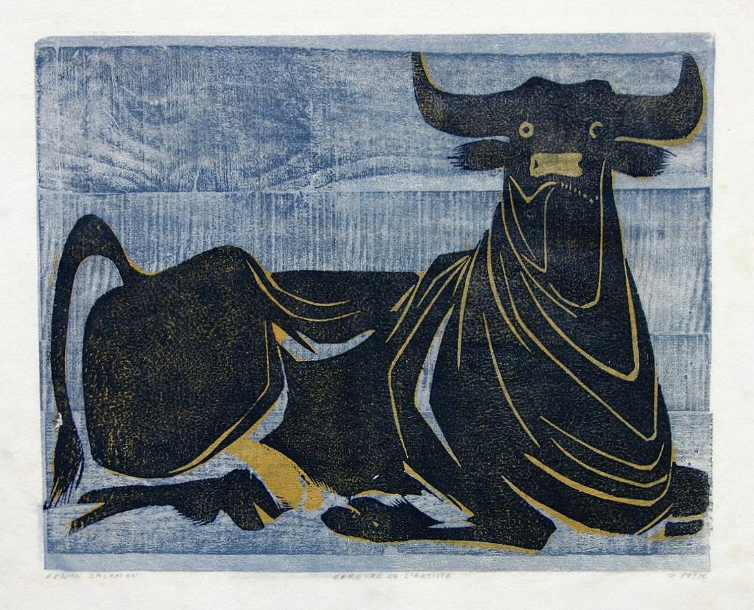 Edwin Salomon (Israeli - Romanian, 1935-2015): A bull, Color woodcut, 46 x 54 cm, Hand-signed and approved "E.A."
