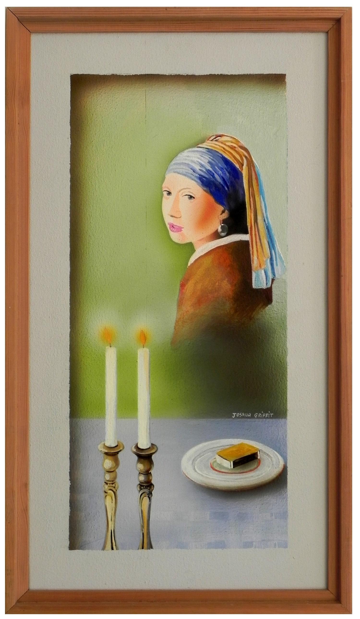 Joshua Griffit (Israeli, b. 1951): Girl with a Pearl Earring and Shabbat Candlesticks, Oil on canvas (attached to wood), 52 x 28 cm, Signed