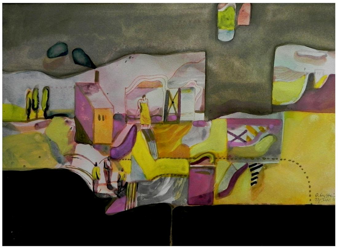 David Gerstein (Israeli, b. 1944): Figures in the landscape, 1977, Gouache on paper (matted), 27 x 37 cm, Signed and dated