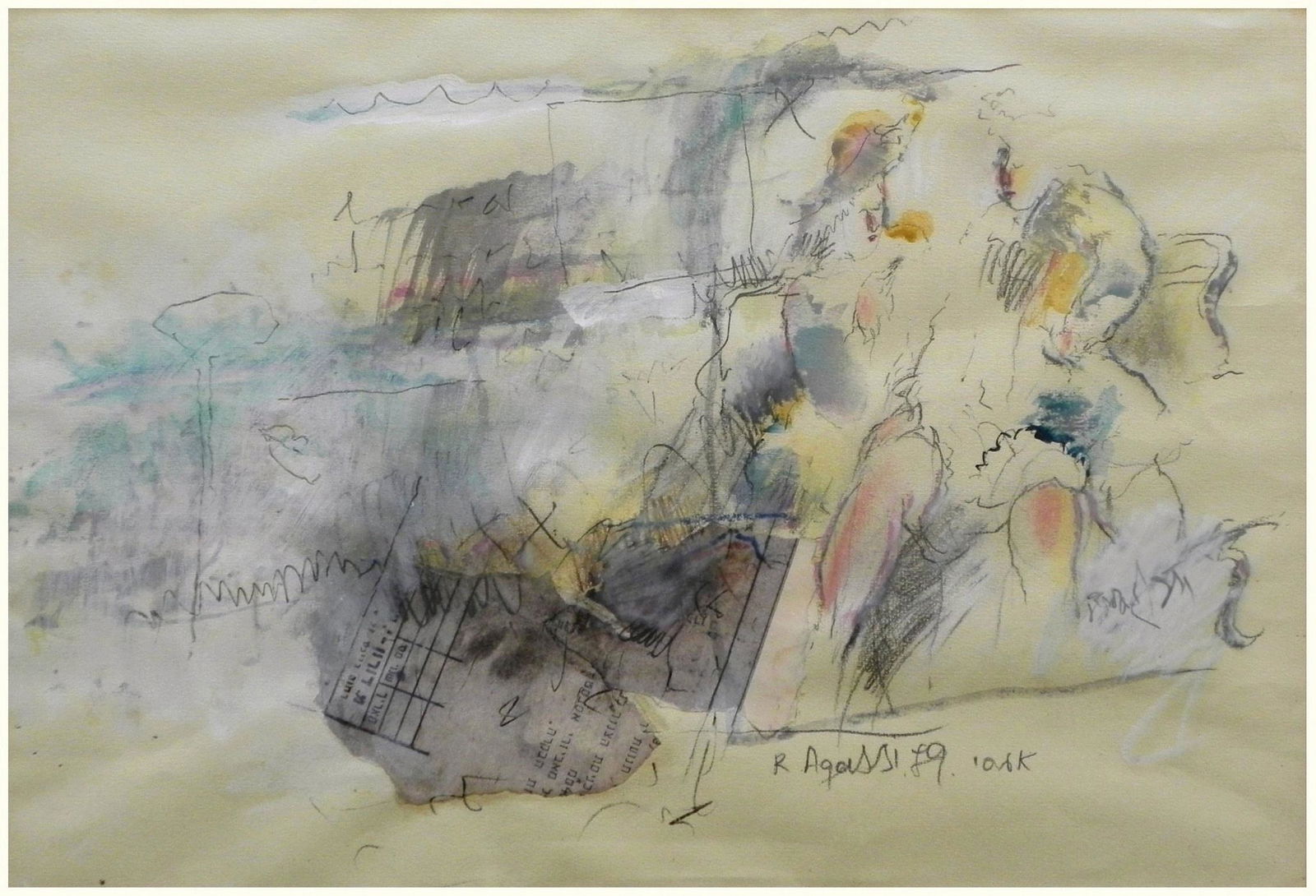 Ronit Agassi (Israeli, b. 1948): Women sitting on a bench, 1979, Mixed media and collage on paper, 35 x 50 cm, Signed and dated