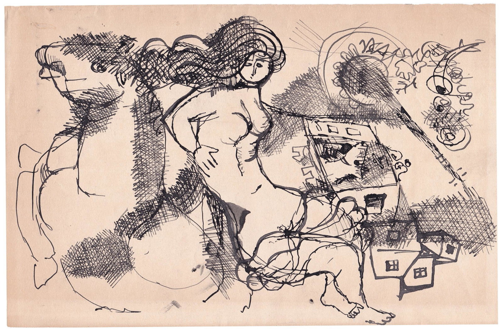 Leo Roth (Israeli, 1914-2002): Woman with a horse in the Kibbutz landscape, Ink on paper, 22 x 14 cm, Unsigned (COA will be issued by Yair Art Gallery, Tel Aviv)