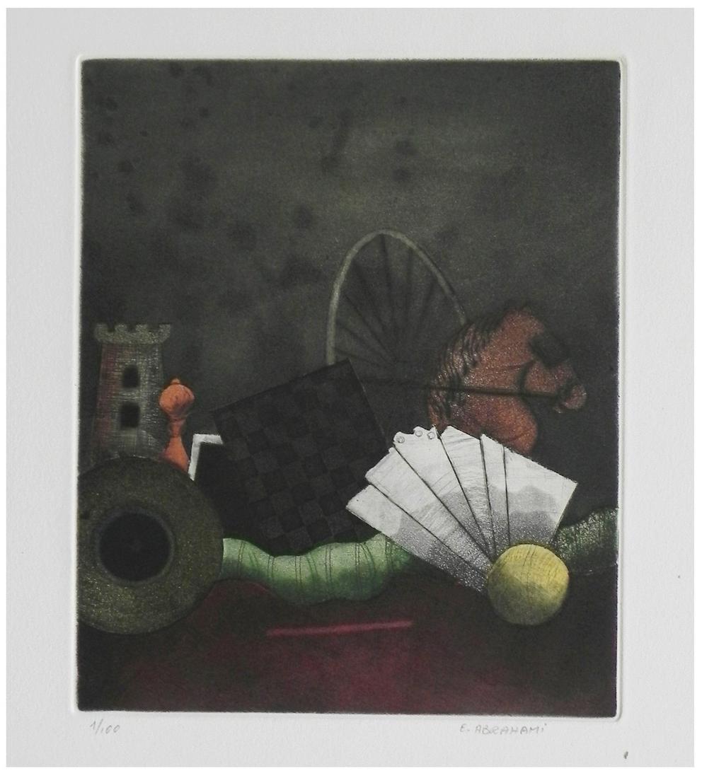 Elie Abrahami (Israeli - American, b. Iran 1941): Chess, Color aquatint, 20 x 16 cm / 34 x 28 cm, Hand-signed and numbered "1/100"