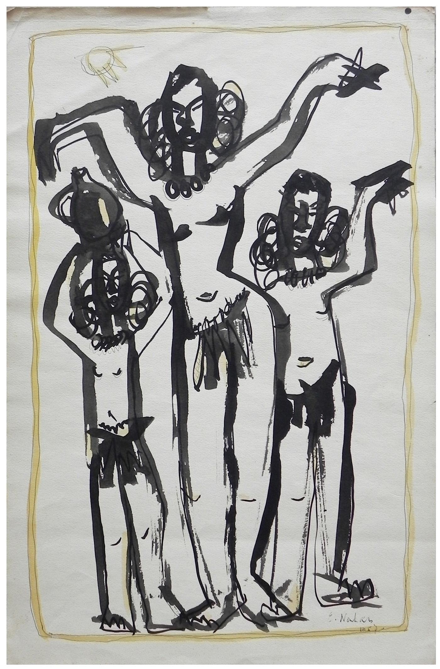 Ervin Neuhaus (Hungarian - French, 1928 - 2012): Tribal dance, 1957, Ink on paper, 50 x 32 cm, Signed and dated