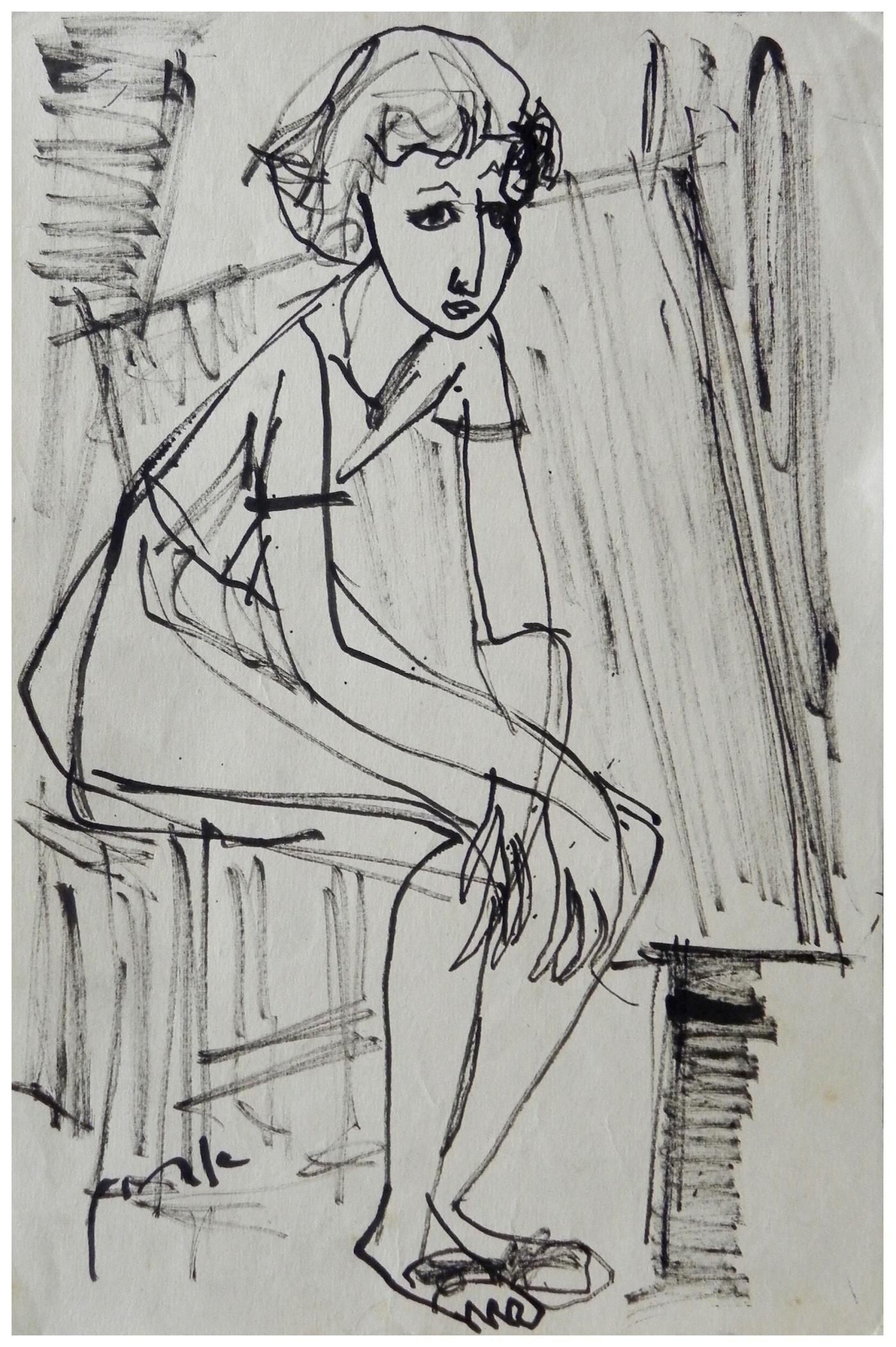 Ervin Neuhaus (Hungarian - French, 1928 - 2012): Girl sitting, Ink on paper, 28 x 18 cm, Signed