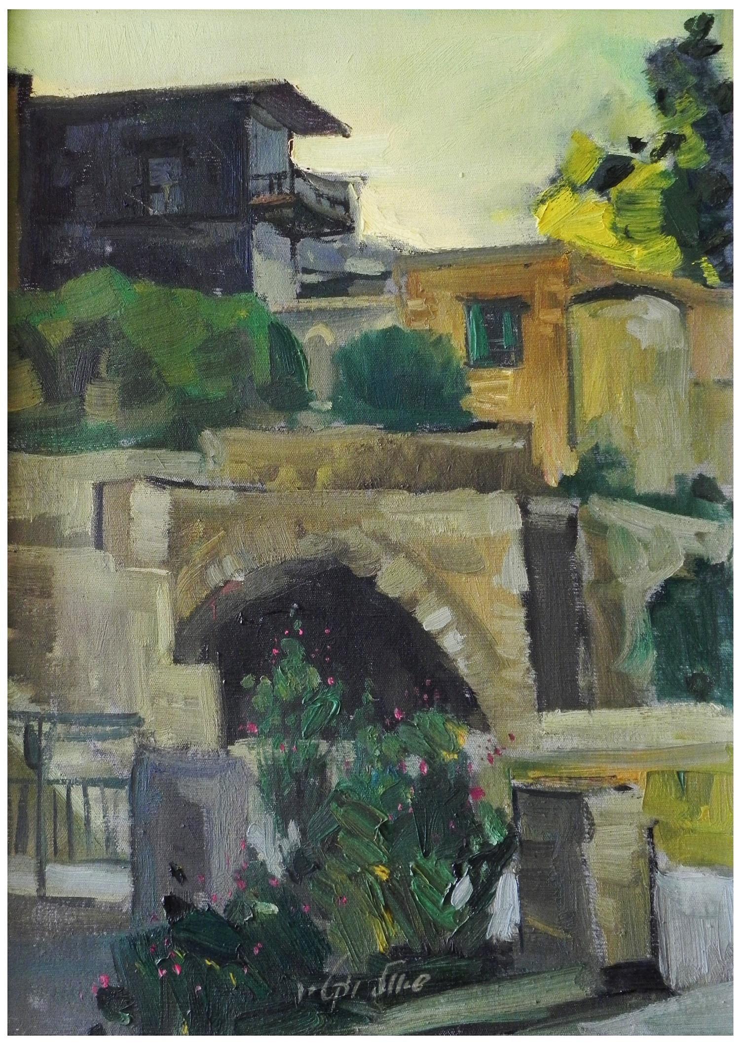 Shaul Victor (Israeli - American, b. Russia 1947-1996): Houses in Old Safed, Oil on canvas, 46 x 33 cm, Signed
