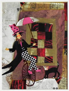 Claudette Castonguay (Canadian, b. 1949): Juggling a tricycle and a cat, Collage on paper, 29 x 22 cm, Signed