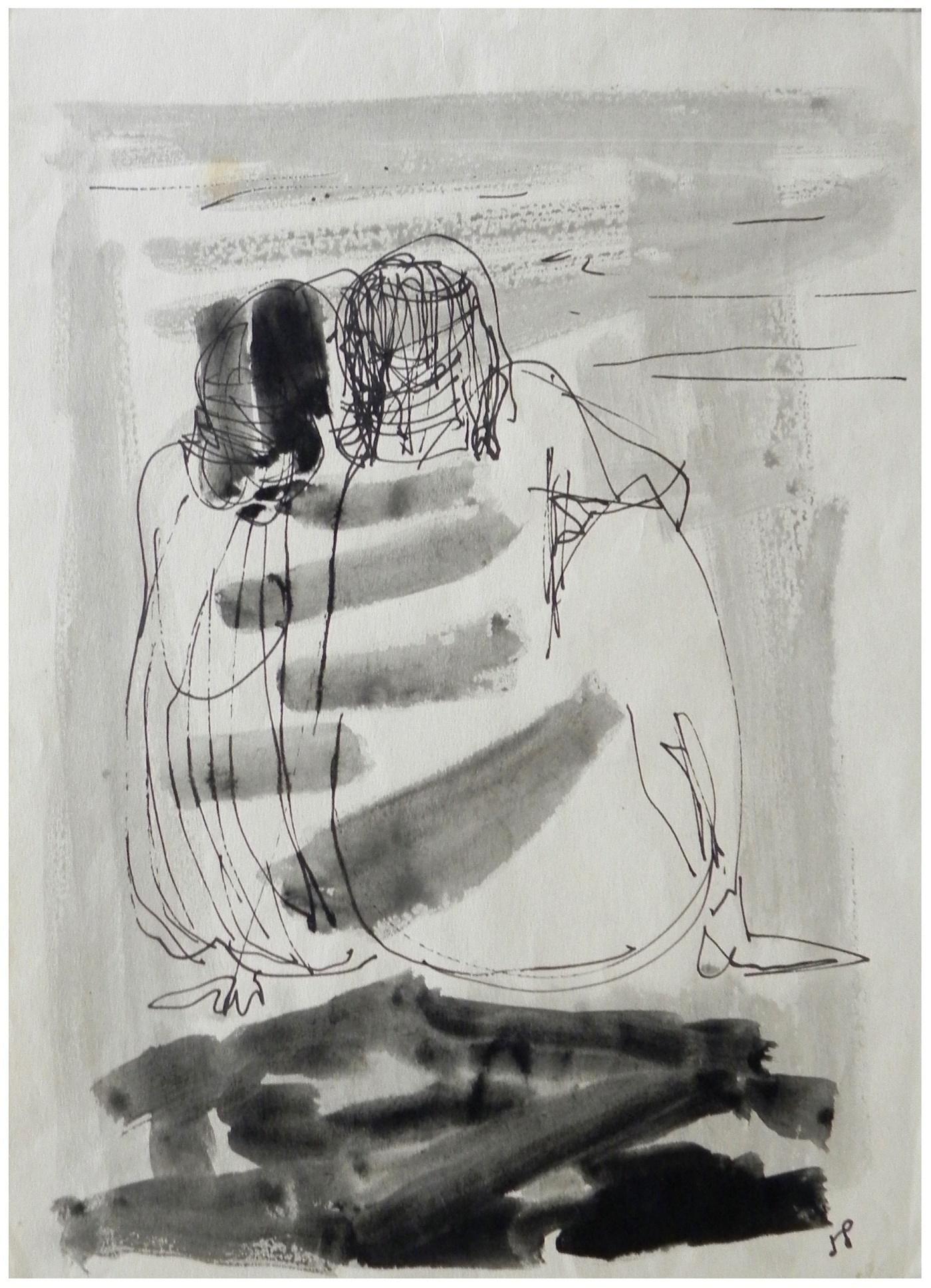 Ervin Neuhaus (Hungarian - French, 1928 - 2012): The hug, 1958, Ink on paper, 35 x 25 cm, Dated, unsigned (COA will be issued by Yair Art Gallery, Tel Aviv)
