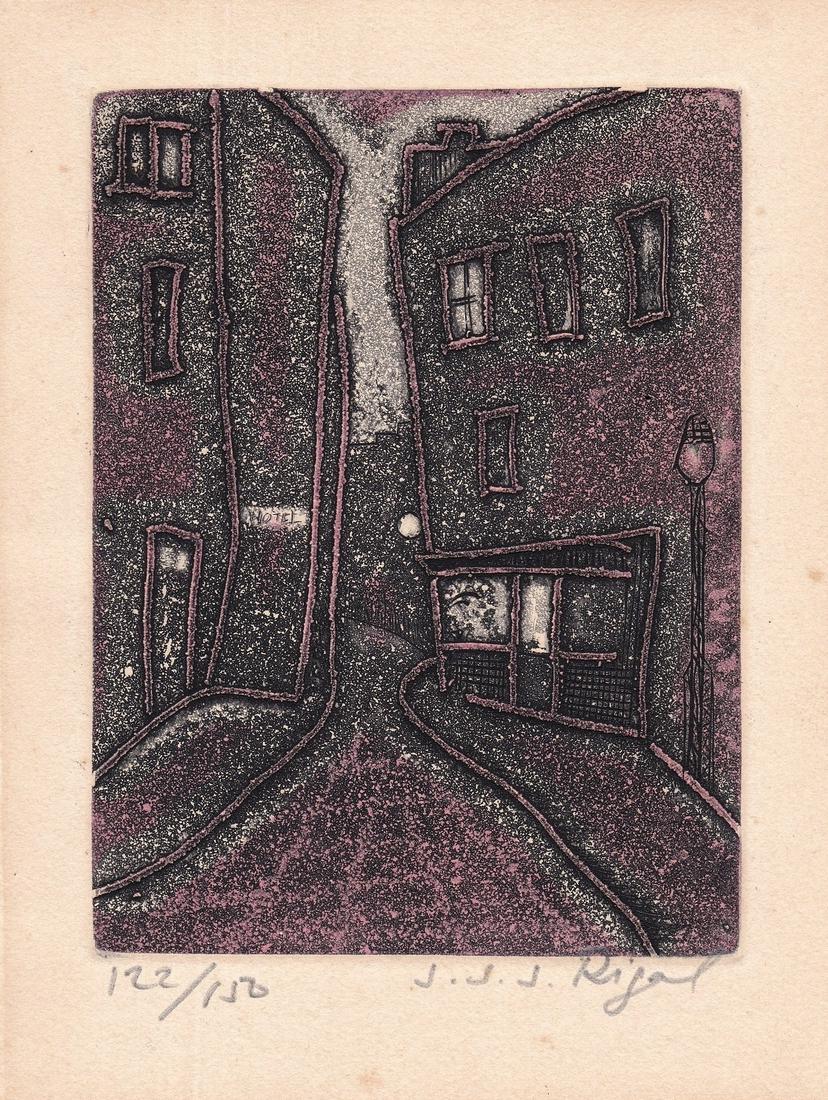 Jacques Jean Joachim Rigal (French, 1926-1997): An alley in the city, Aquatint, Plate: 12 x 9 cm / Sheet: 17 x 13 cm, Hand-signed and numbered "122/150" on recto, Dedicated on verso