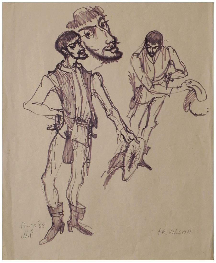 Shraga Weil (Israeli - Czech, 1918-2009): Figures in the theater, Paris, 1953, Felt-tipped pen on paper, 41 x 34 cm, Signed, dated and inscribed "Paris"
