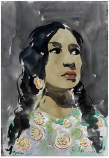 Mordechai Avniel (Israeli - Russian, 1900-1989): Portrait of a young Yemen woman, Watercolor on paper, 52 x 36 cm, Signed