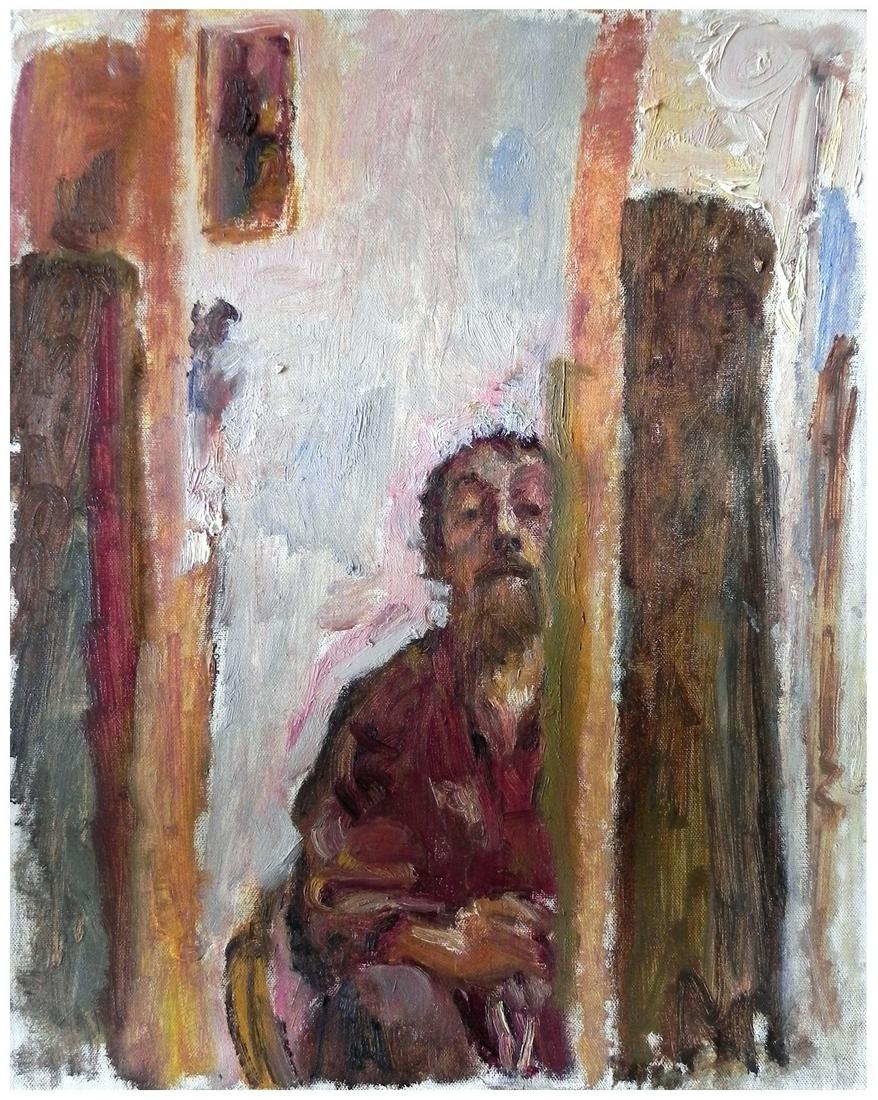Leonid Balaklav (Israeli - Russian, born 1956): Self-portrait in the studio, 2013, Oil on canvas, 51 x 40 cm, Signed and dated on verso