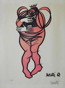 Raymond Moretti (French, 1934-2005): Couple hugging, 1960, Color lithograph, 54 x 40 cm, Hand-signed and numbered "49/70", Signed and dated in the plate