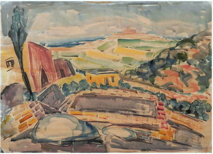 Mordechai Avniel (Israeli - Russian, 1900-1989): View of Safed, Watercolor on paper, 50 x 70 cm, Signed